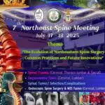 7th Northeast Spine Meeting 2025 poster, July 17-18 event at Sunpasitthiprasong Hospital, Ubon Ratchathani, focusing on spinal trauma, degenerative spine, tumors, infections, and endoscopic spine surgery